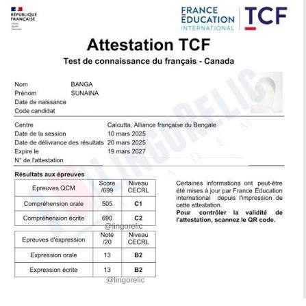 Example of a TCF attestation certificate